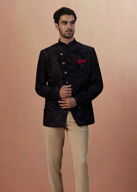 alt message - Manyavar Men Dark Blue Self Design Bandhgala Indo Western image number 1